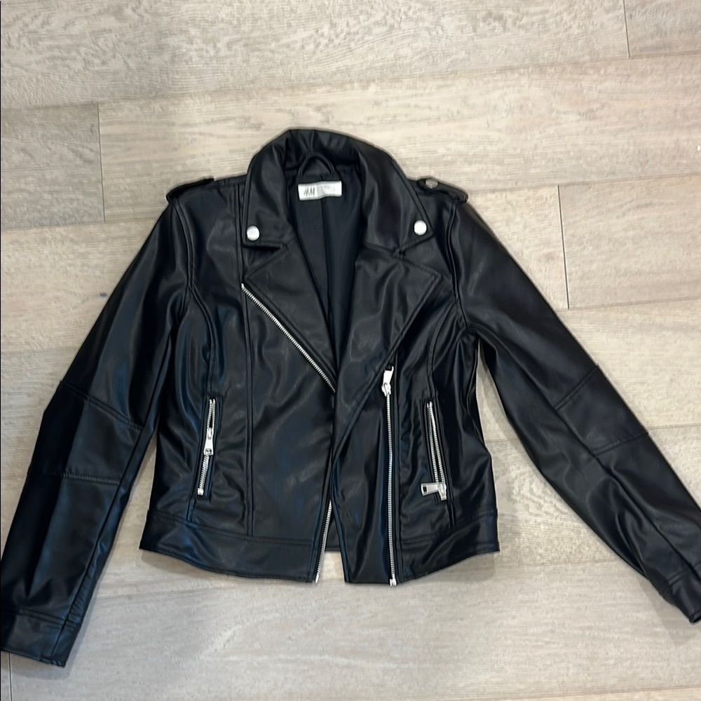 H&M Black Leather Moto Jacket with Asymmetrical Zipper